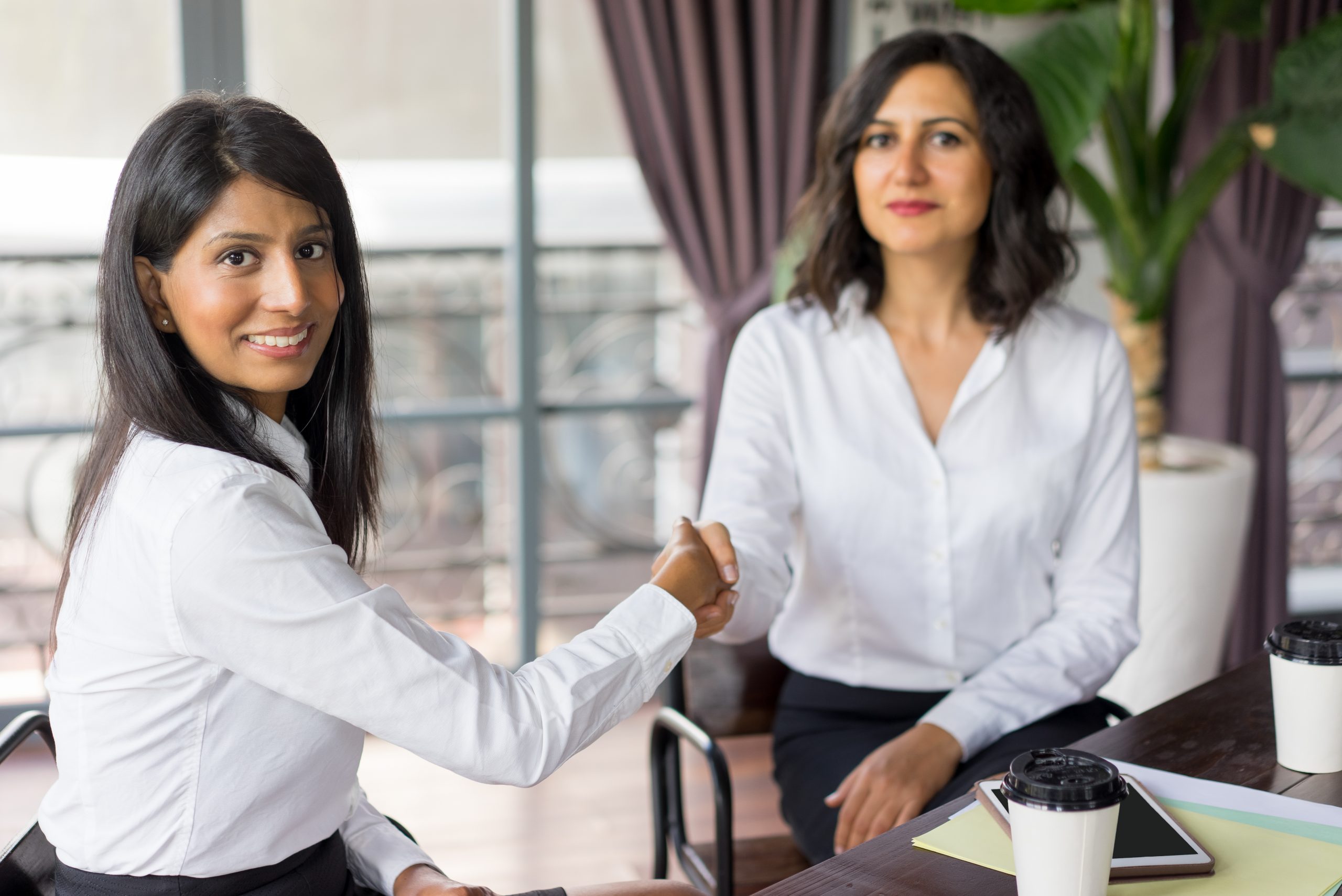 Portrait of successful female partners shaking hands. Young Latin American and Caucasian businesswomen sitting and greeting with handshake in office. Partnership concept
