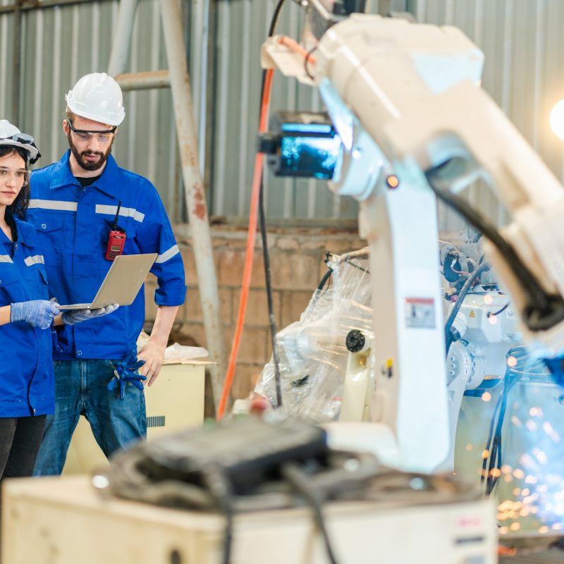 Testing new automation innovation tool for smart industrial, Professional robotic engineers specialist maintenance and control robot arm in factory warehouse, technician teamwork working together